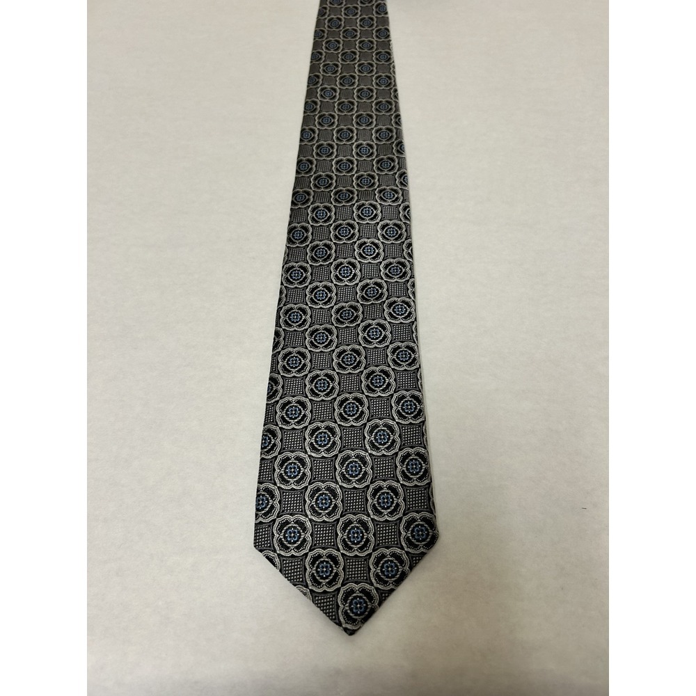 JZ Richard Mens Geometric‎ Medallion Silk silver black Blue Handmade USA Necktie